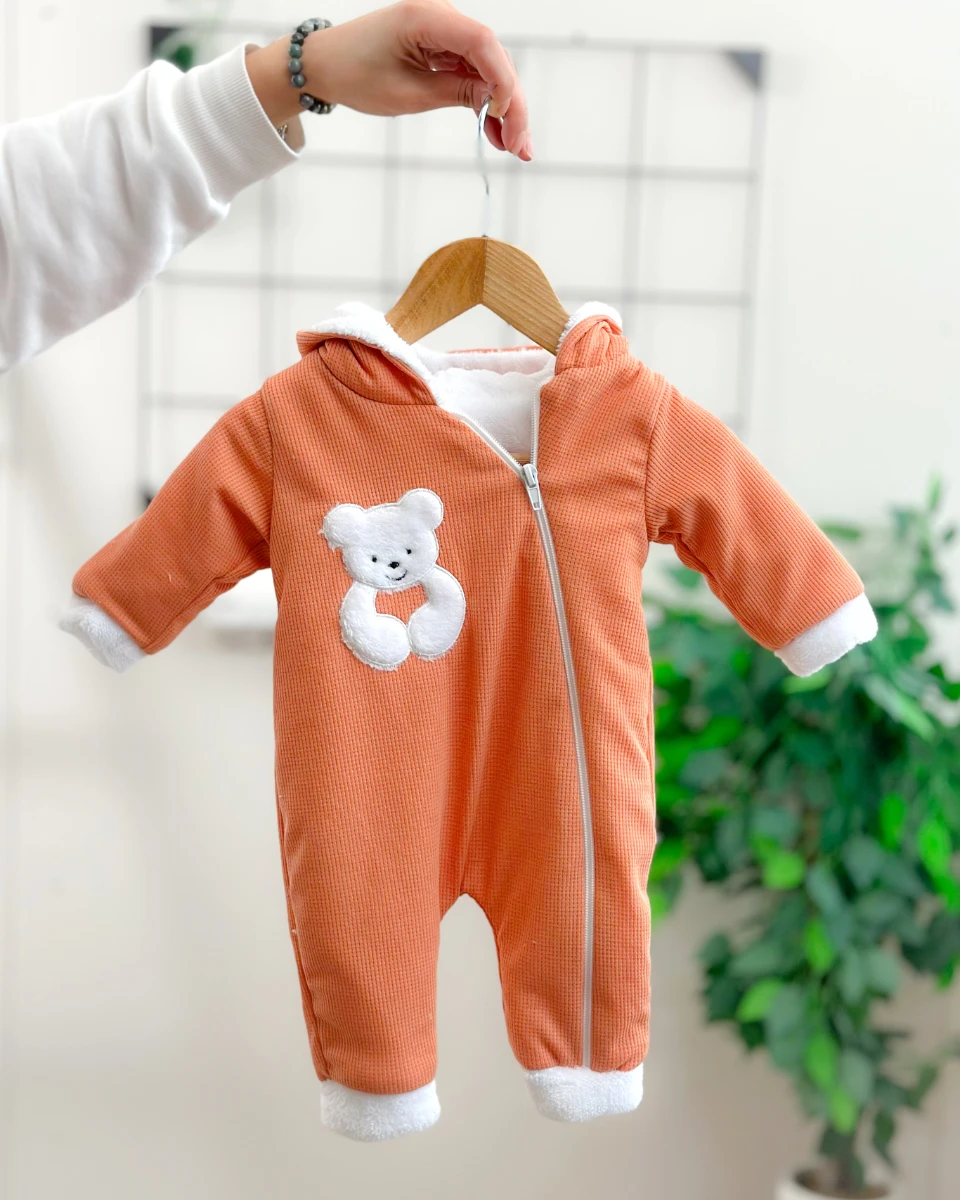 Tombul peluş ayıcık detaylı içi welsoft boydan fermuarlı kışlık dış giyim tulum 