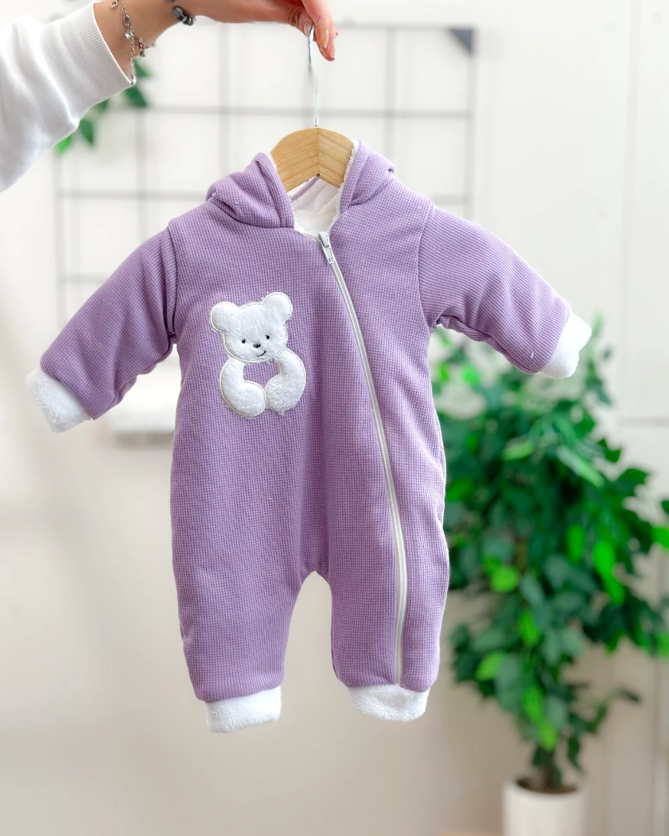 Tombul peluş ayıcık detaylı içi welsoft boydan fermuarlı kışlık dış giyim tulum 