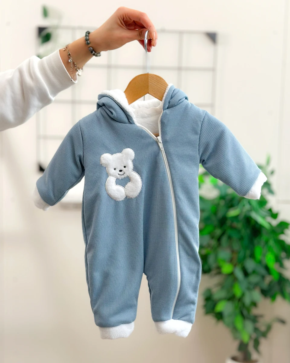 Tombul peluş ayıcık detaylı içi welsoft boydan fermuarlı kışlık dış giyim tulum 