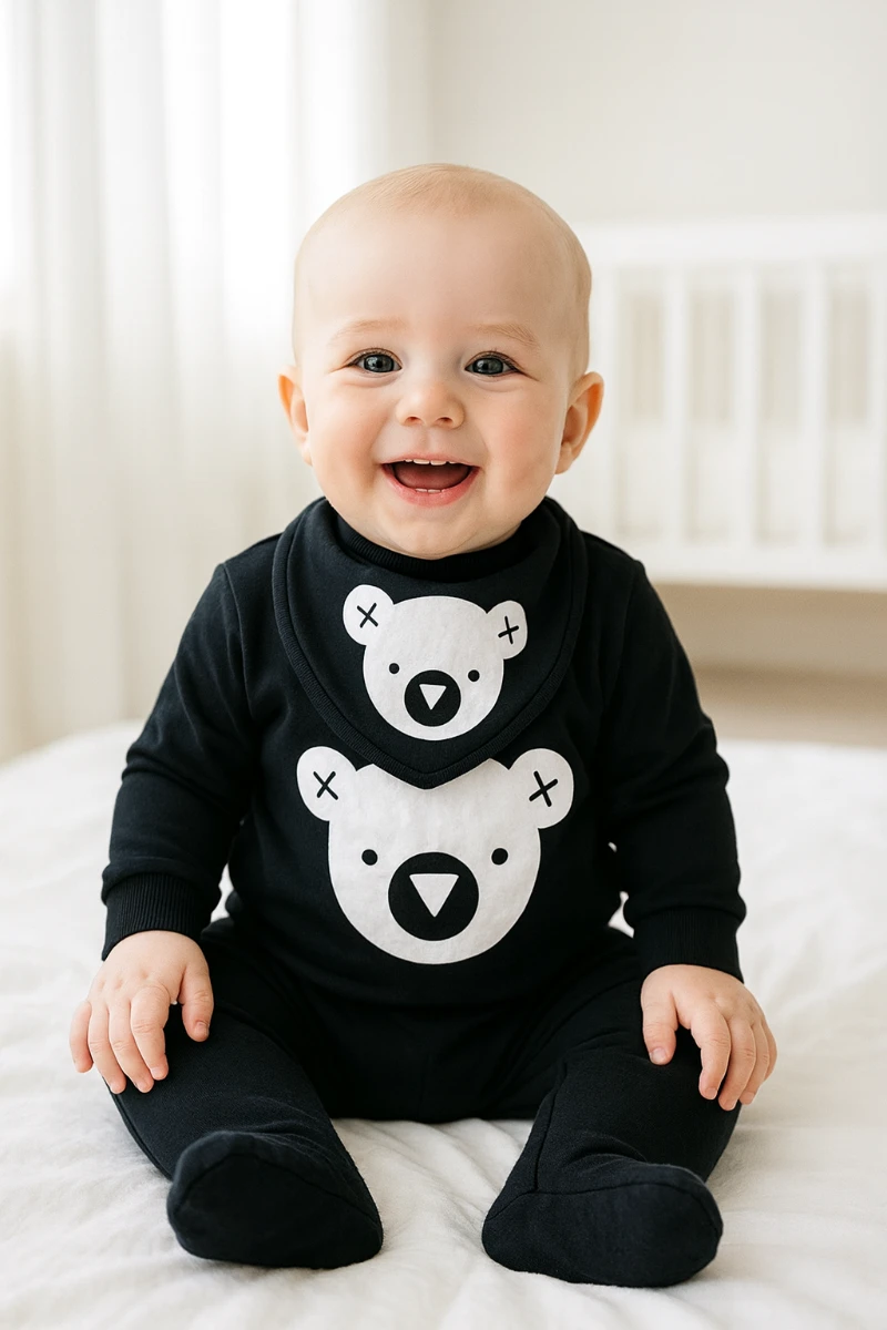 Ayı ve geometrik şekiller baskılı alttan ve omuzdan çıtçıtlı ayaklı fularlı 2 parça takım 