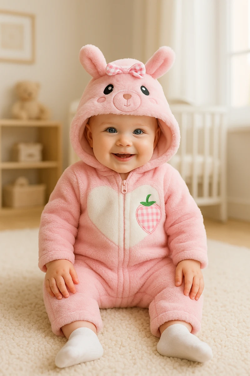 Kalp çilekli şirin hayvan surat kapüşonlu içi astarlı fermuarlı peluş kışlık tulum 