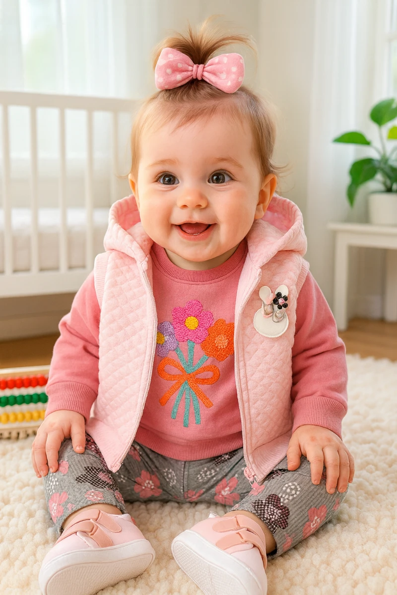 Renkli papatya ve kurdela punch kapüşon yelekli mevsimlik 3 parça takım