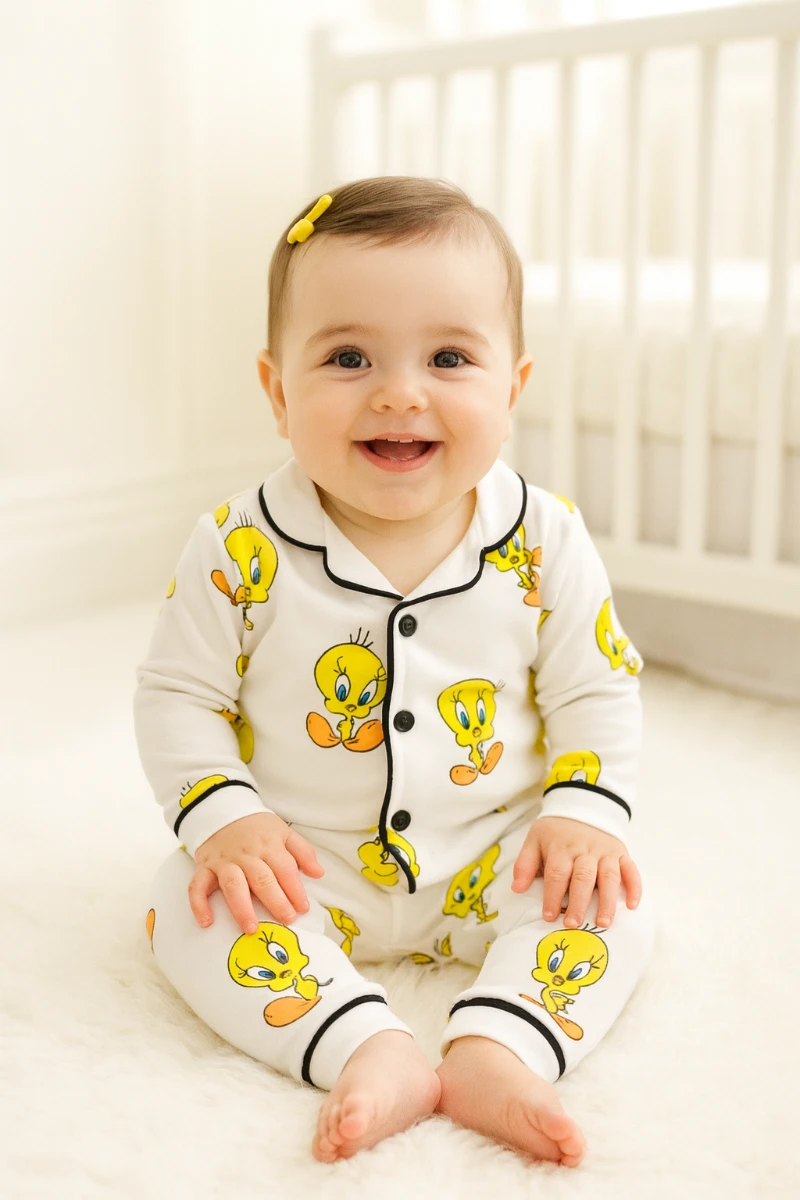 Şirin tweety baskılı önden düğmeli kenarları biyeli 2 parça pijama takımı   