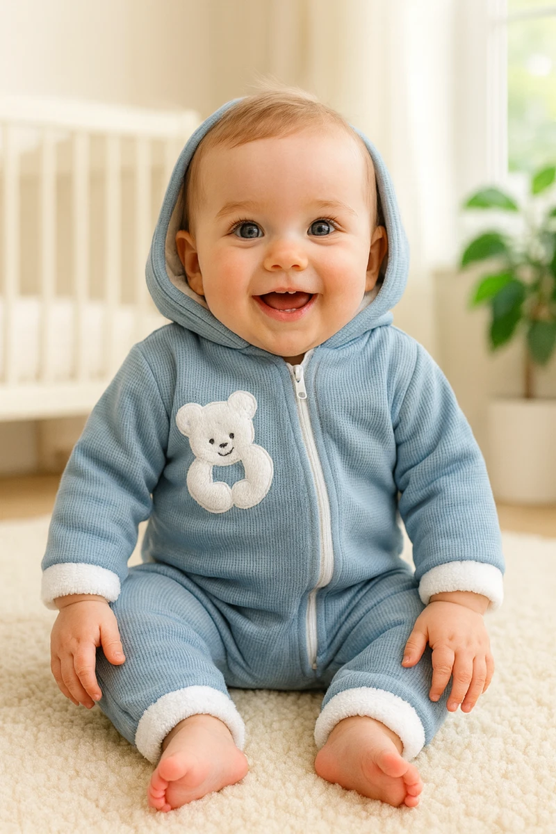 Tombul peluş ayıcık detaylı içi welsoft boydan fermuarlı kışlık dış giyim tulum 