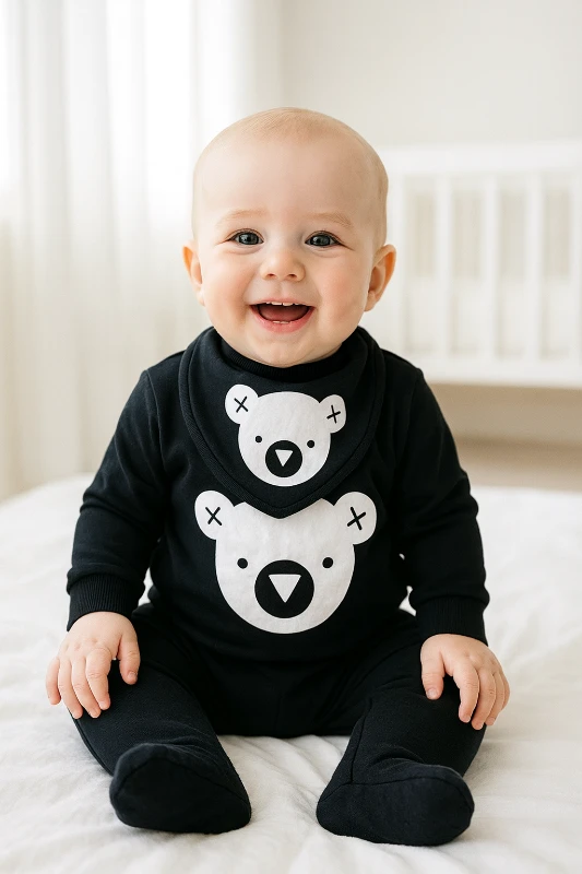 Ayı ve geometrik şekiller baskılı alttan ve omuzdan çıtçıtlı ayaklı fularlı 2 parça takım