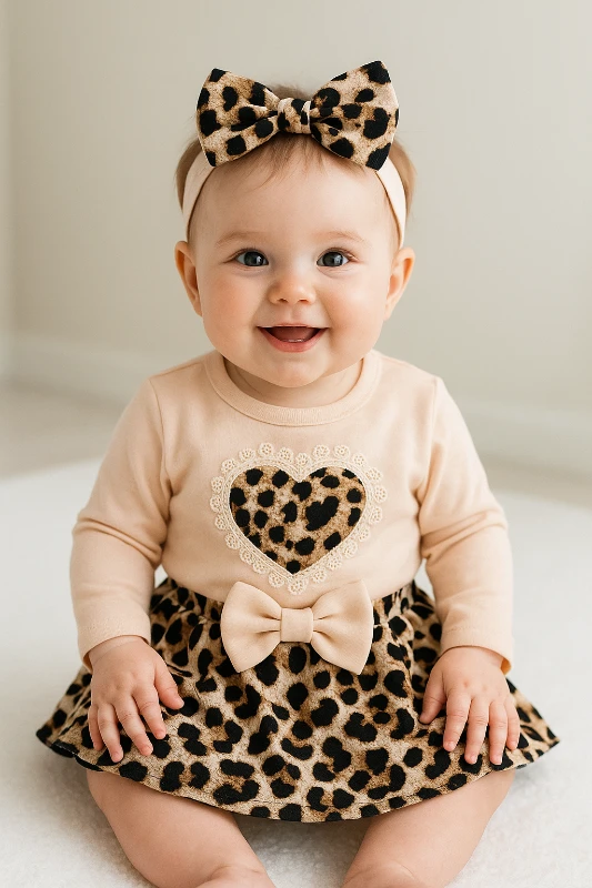 Fisto kalp içi leopar desenli fırfır etekli bandanalı mevsimlik 3 parça takım