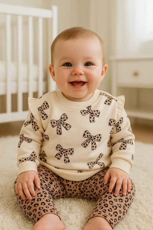 Fiyonk leopar baskılı omuzdan çıtçıtlı mevsimlik 2 parça takım