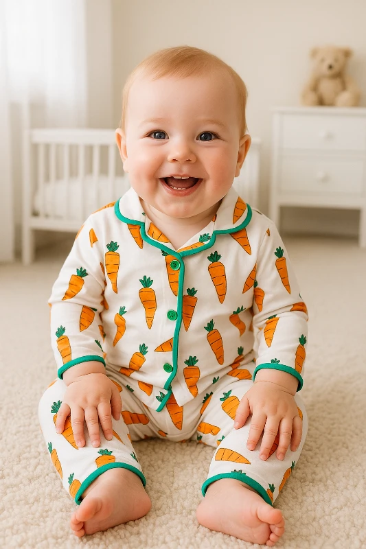 Havuç desenli önden düğmeli kenarları biyeli 2 parça pijama takımı