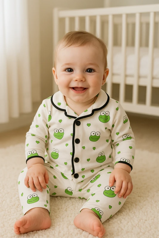 Kurbağa suratlar baskılı önden düğmeli kenarları biyeli 2 parça pijama takımı