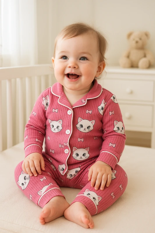 Pisicik suratlar baskılı fitilli kumaş kenarları biyeli önden düğmeli pijama takımı