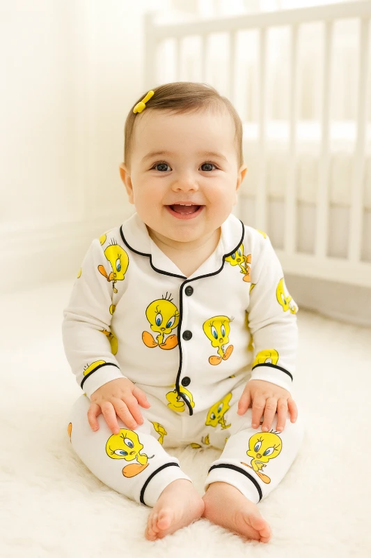 Şirin tweety baskılı önden düğmeli kenarları biyeli 2 parça pijama takımı  