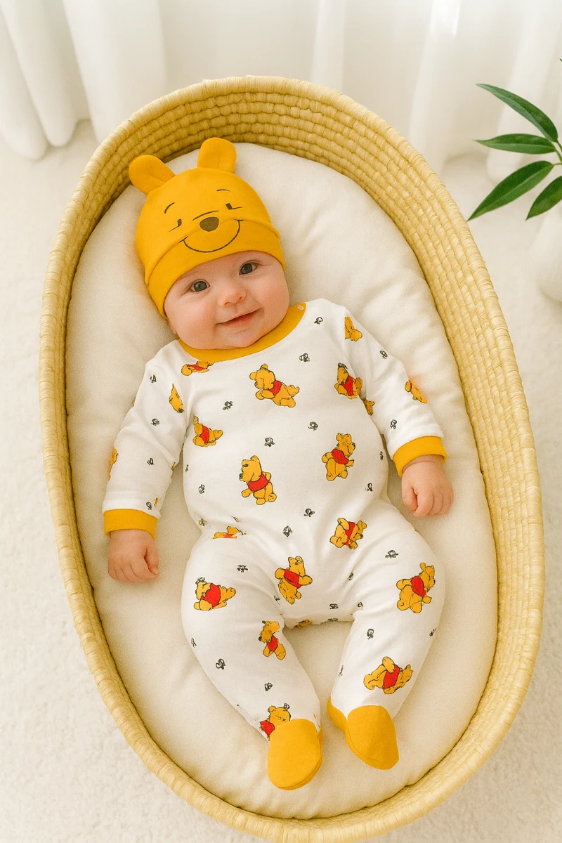 Arı ve poo baskılı omuzdan çıtçıtlı ayaklı şapkalı mevsimlik tulum set  