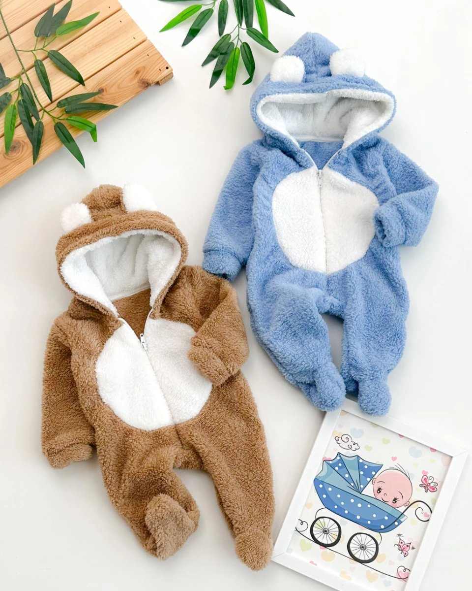 Ayıcık kulak kapüşon detaylı boydan fermuarlı ayaklı welsoft kışlık tulum 