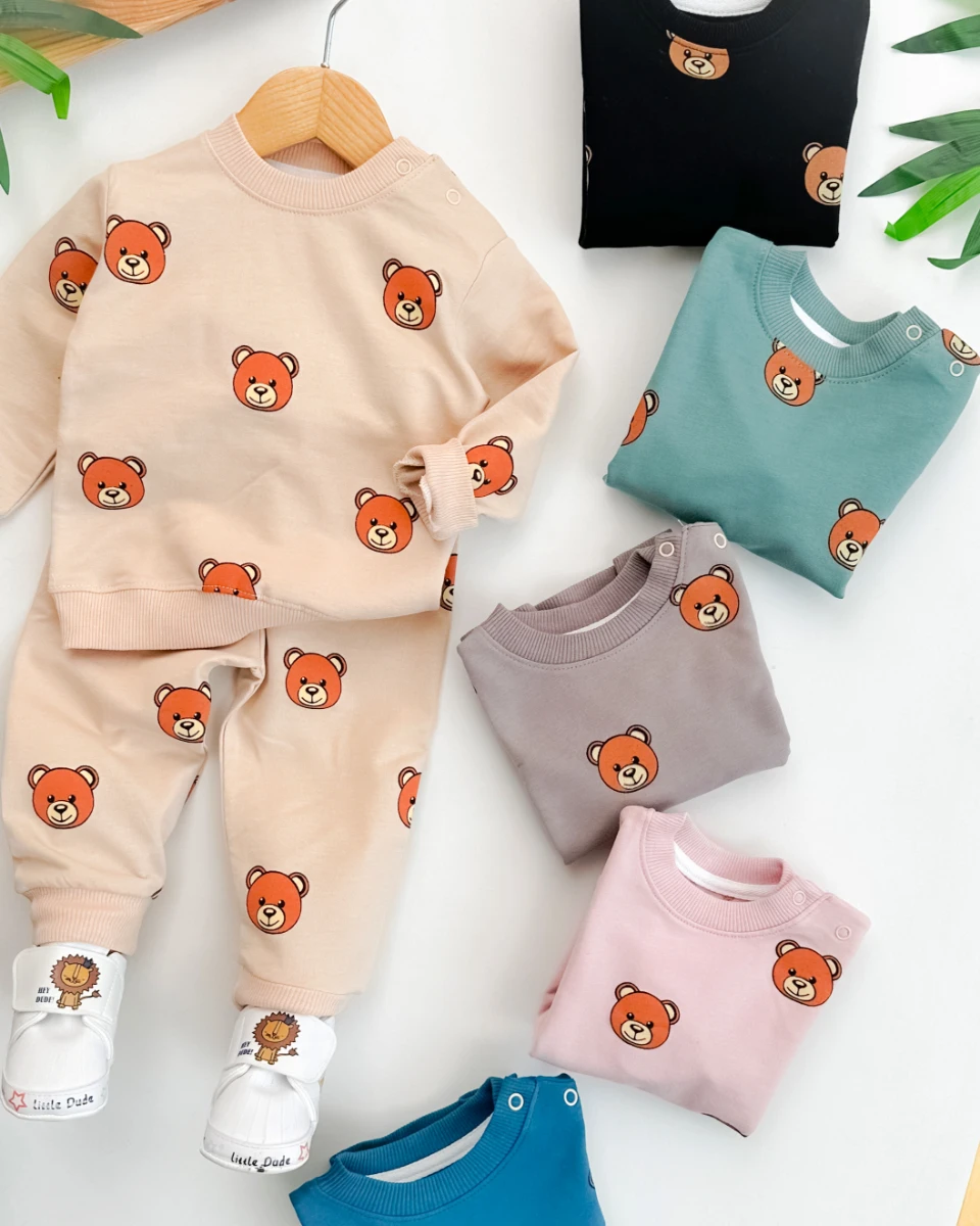 Büyük ayıcık kafalar desen omuzdan çıtçıtlı mevsimlik 2 parça takım