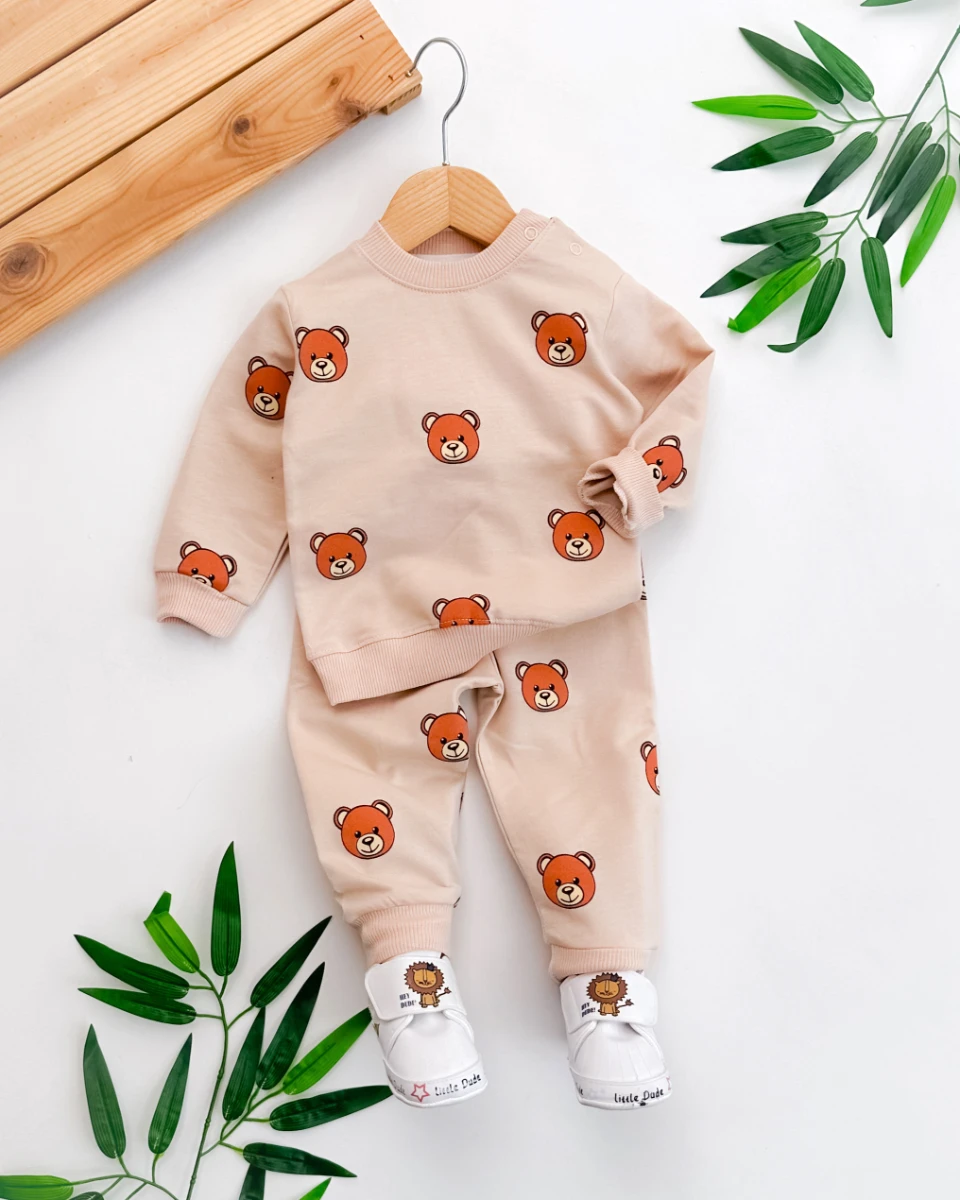 Büyük ayıcık kafalar desen omuzdan çıtçıtlı mevsimlik 2 parça takım