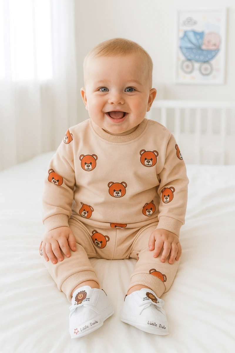 Büyük ayıcık kafalar desen omuzdan çıtçıtlı mevsimlik 2 parça takım