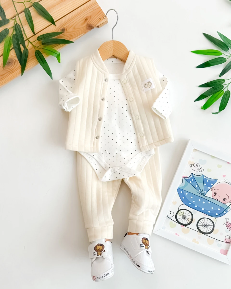 Gözlüklü bear armalı puantiye badili yelekli 3 parça takım