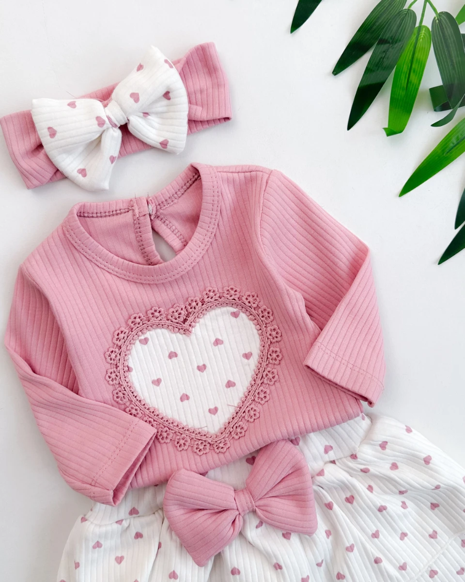 Kalp içinde minik kalpler detaylı etekli bandanalı mevsimlik 3 parça takım 