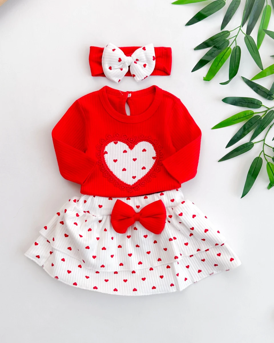 Kalp içinde minik kalpler detaylı etekli bandanalı mevsimlik 3 parça takım 