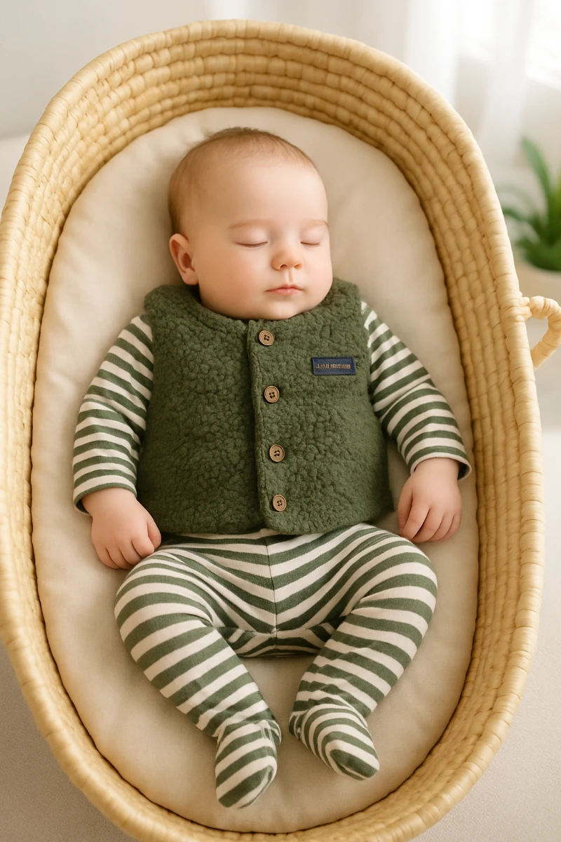 Kürk yelekli ahşap düğme detaylı alttan çıtçıtlı çizgili ayaklı 2 parça tulum set 