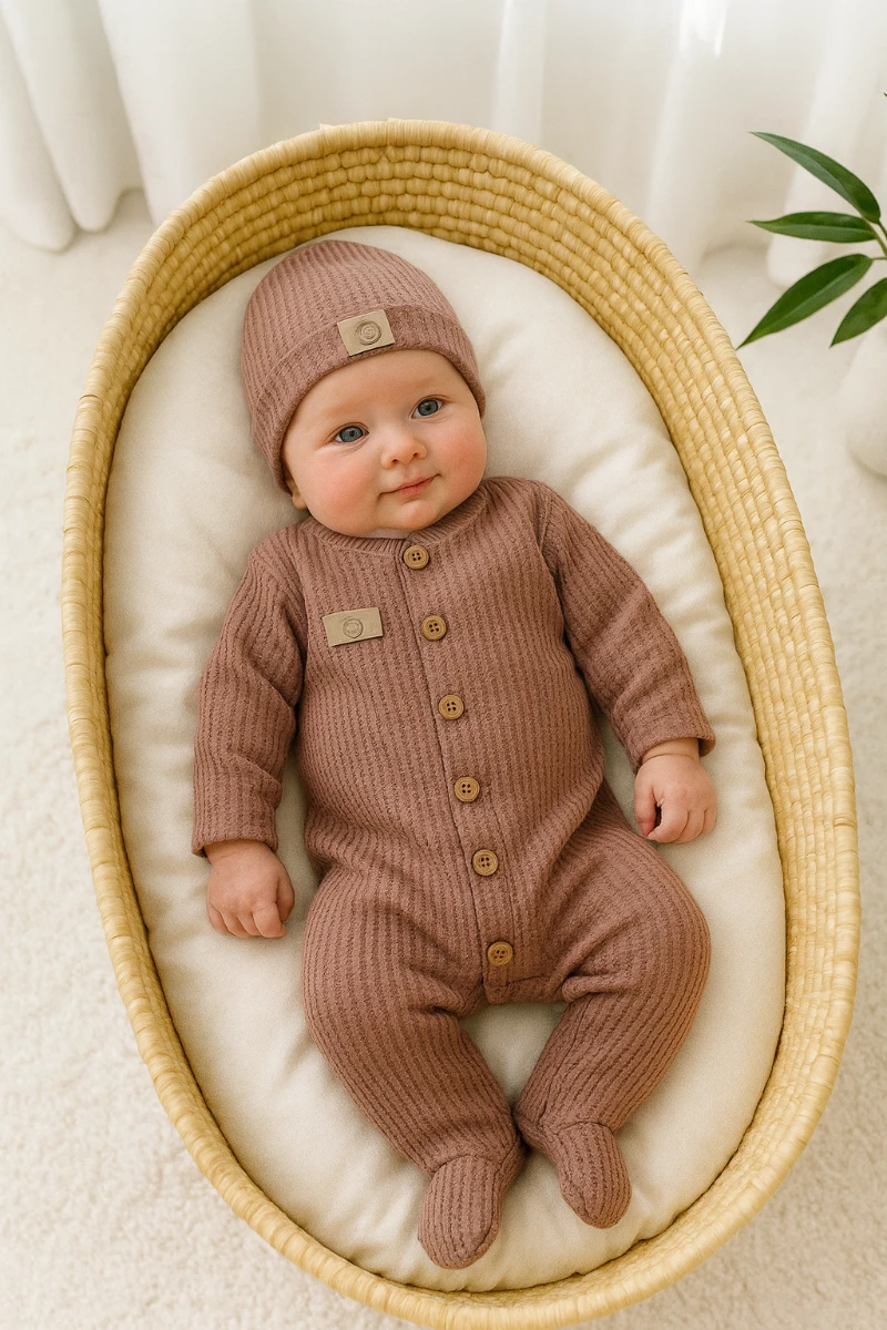 Mammy daddy deri armalı waffle kumaş ahşap düğmeli ayaklı bereli tulum