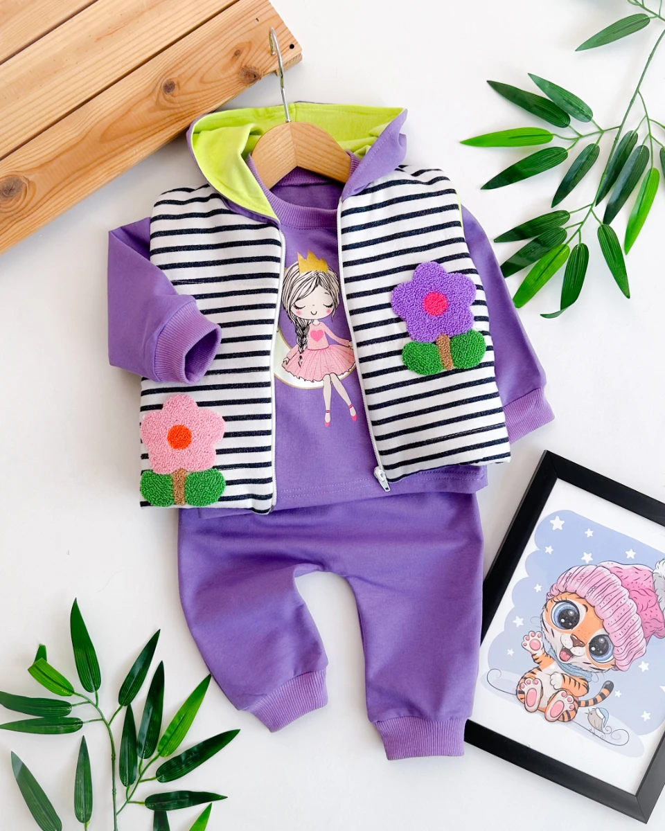 Papatya punch çizgili kapüşon yelekli 3 parça takım