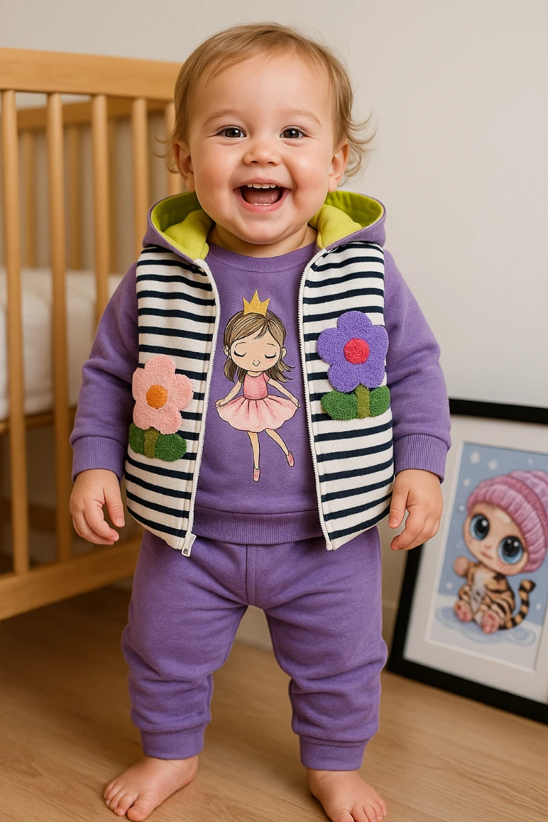 Papatya punch çizgili kapüşon yelekli 3 parça takım