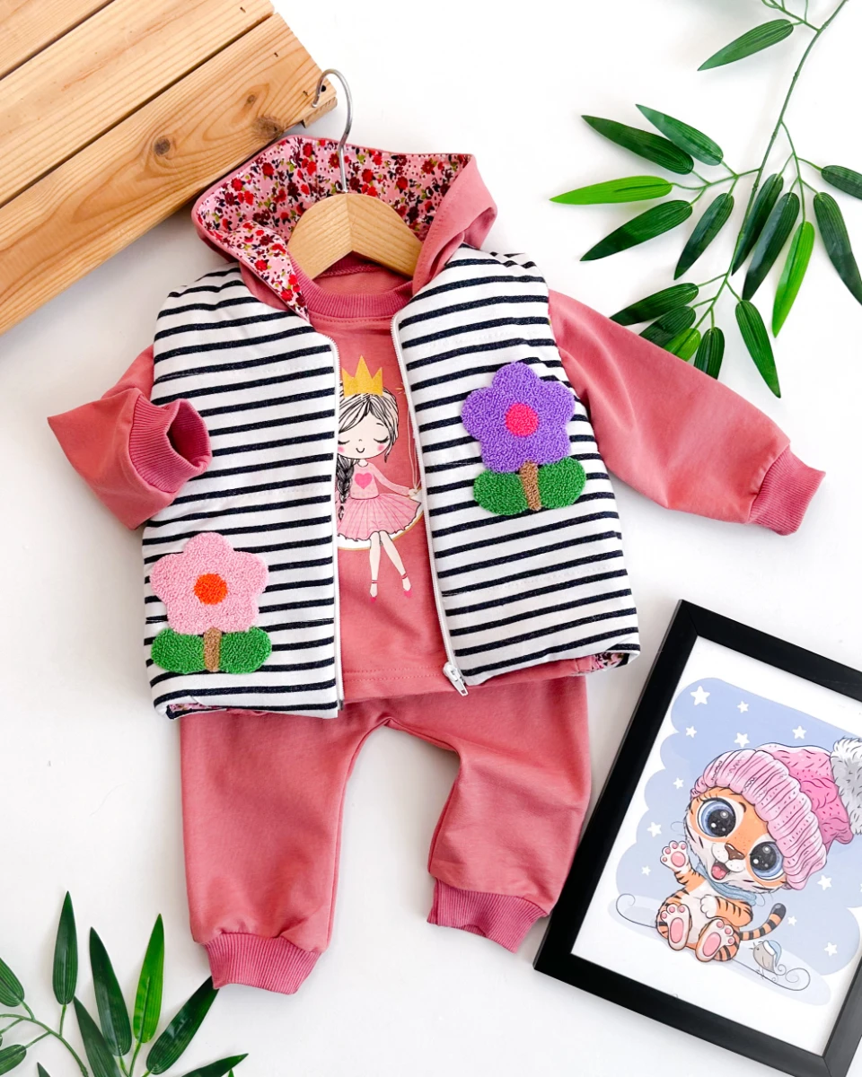 Papatya punch çizgili kapüşon yelekli 3 parça takım