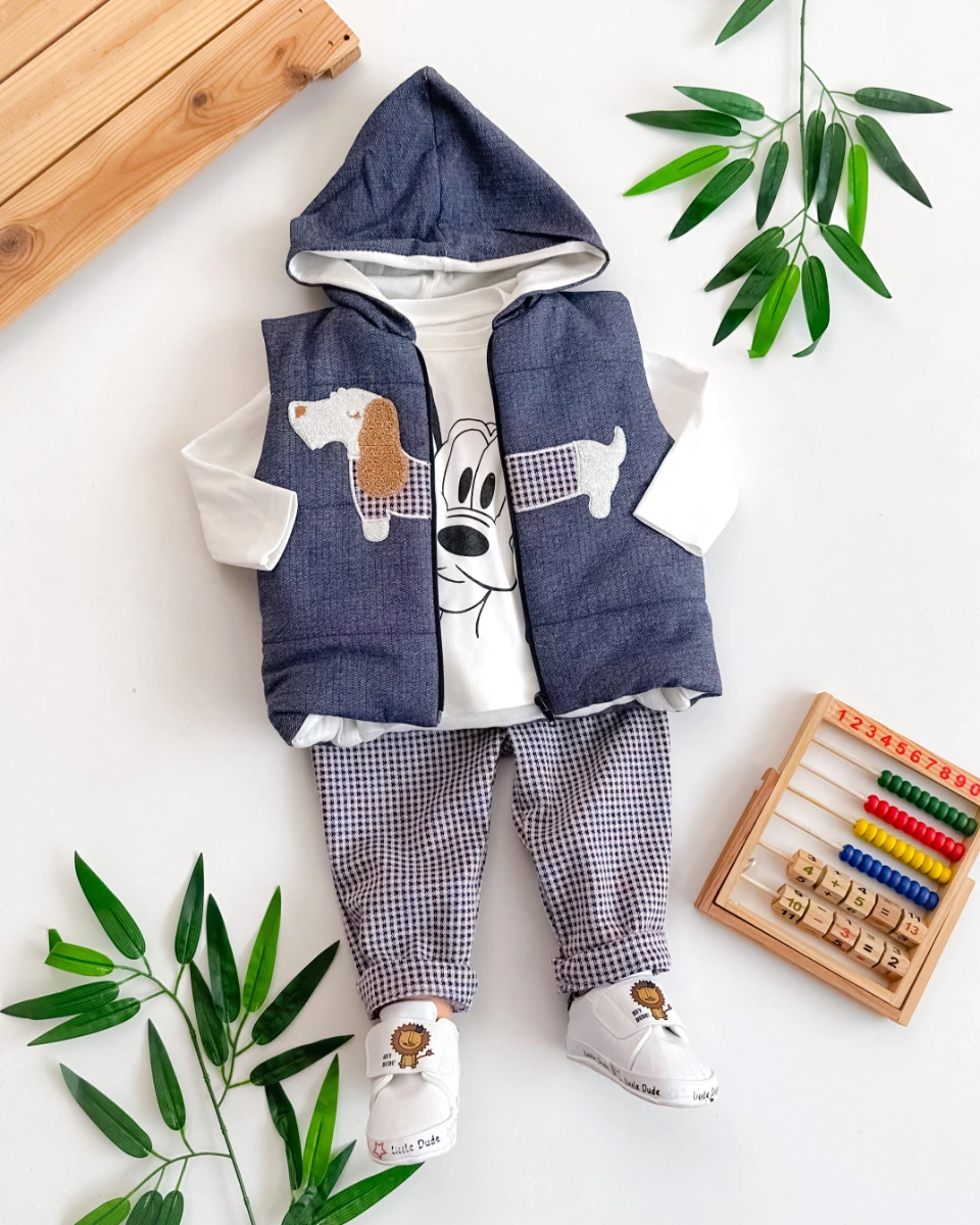 Tüylü köpekçik nakışlı içi astarlı kapüşon yelekli 3 parça takım