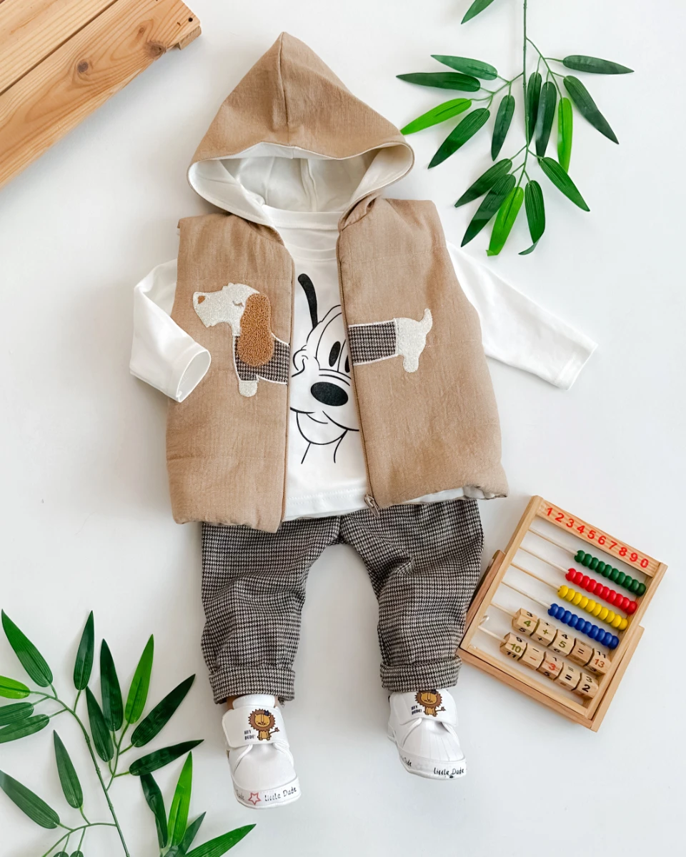 Tüylü köpekçik nakışlı içi astarlı kapüşon yelekli 3 parça takım