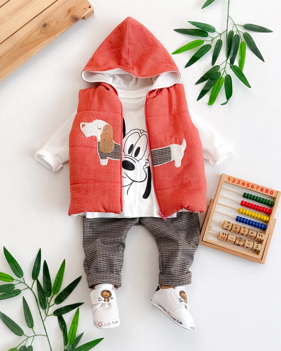 Tüylü köpekçik nakışlı içi astarlı kapüşon yelekli 3 parça takım