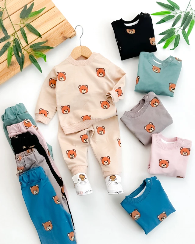 Büyük ayıcık kafalar desen omuzdan çıtçıtlı mevsimlik 2 parça takım