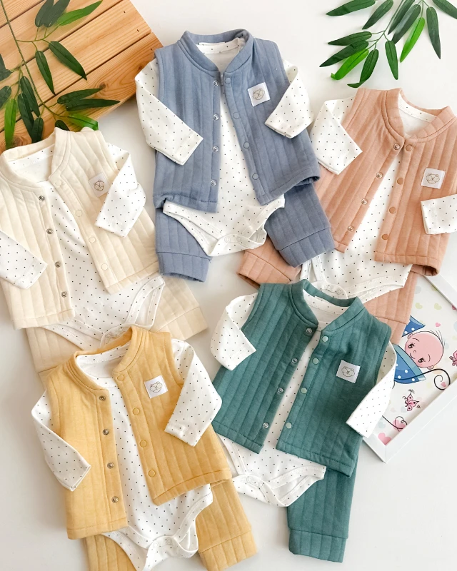 Gözlüklü bear armalı puantiye badili yelekli 3 parça takım