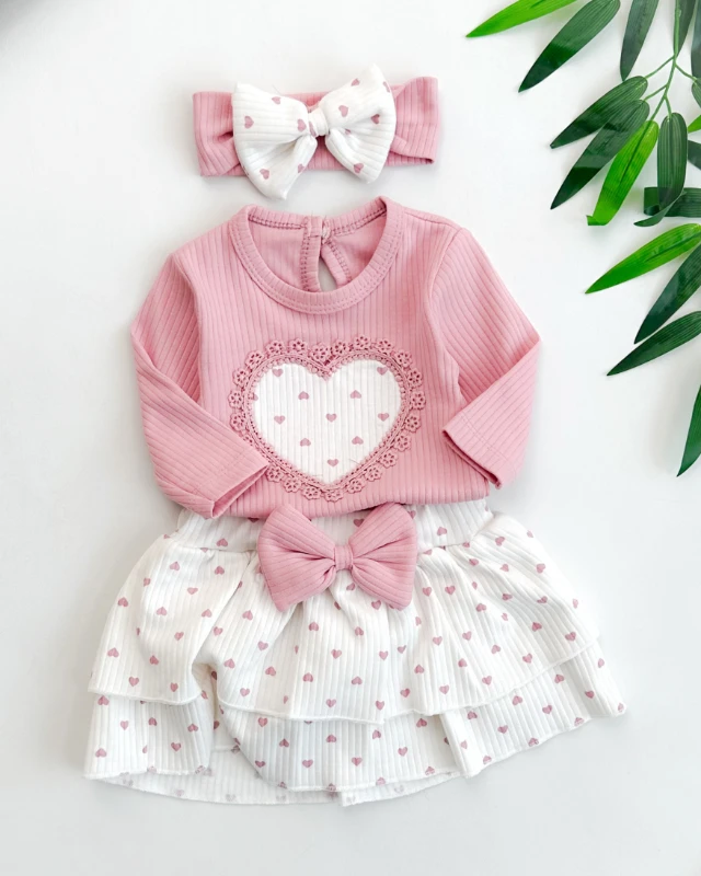 Kalp içinde minik kalpler detaylı etekli bandanalı mevsimlik 3 parça takım 