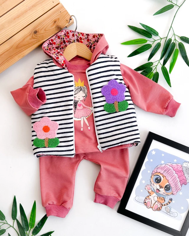 Papatya punch çizgili kapüşon yelekli 3 parça takım