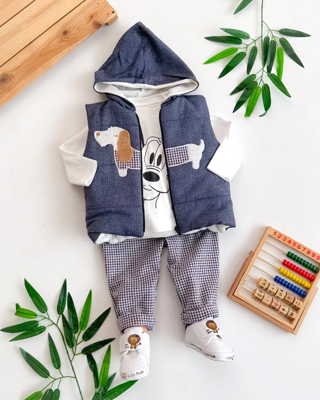 Tüylü köpekçik nakışlı içi astarlı kapüşon yelekli 3 parça takım