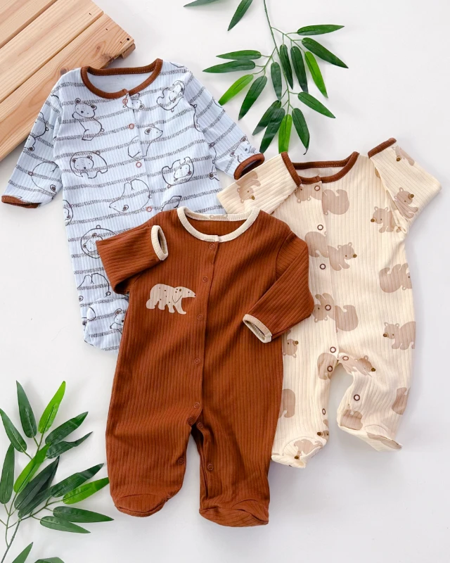 Minik boz ayıcık boydan çıtçıtlı ayaklı mevsimlik 3lü tulum set 