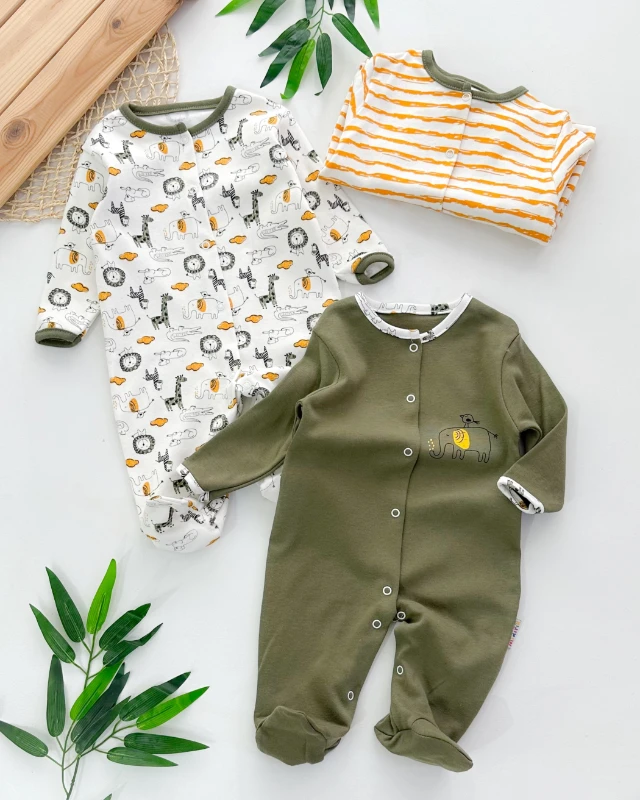 Minik fil ve dostları boydan çıtçıtlı ayaklı mevsimlik 3lü tulum set 