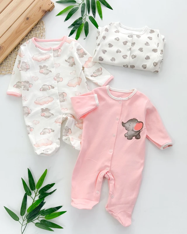 Pembe kulak fil boydan çıtçıtlı ayaklı mevsimlik 3lü tulum set 
