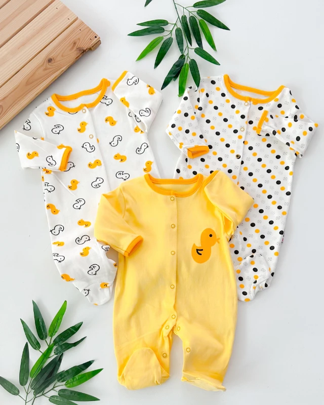 Puantiye minik ördek boydan çıtçıtlı ayaklı mevsimlik 3lü tulum set 