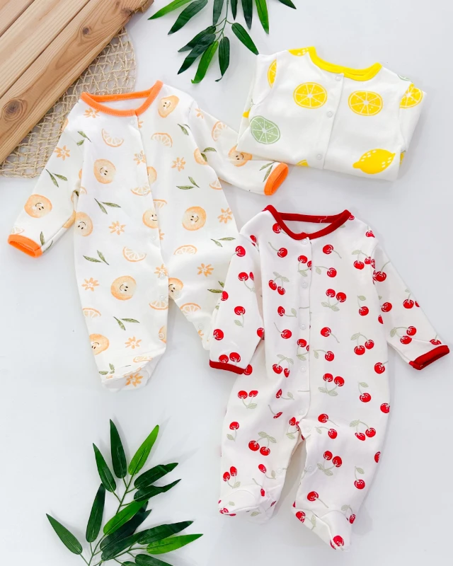Renkli meyveler desen botdan çıtçıtlı ayaklı mevsimlik 3lü tulum set 