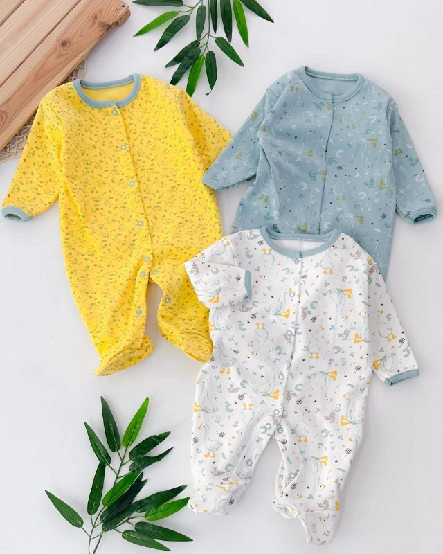Yavru kaz ve annesi boydan çıtçıtlı ayaklı mevsimlik 3lü tulum set 