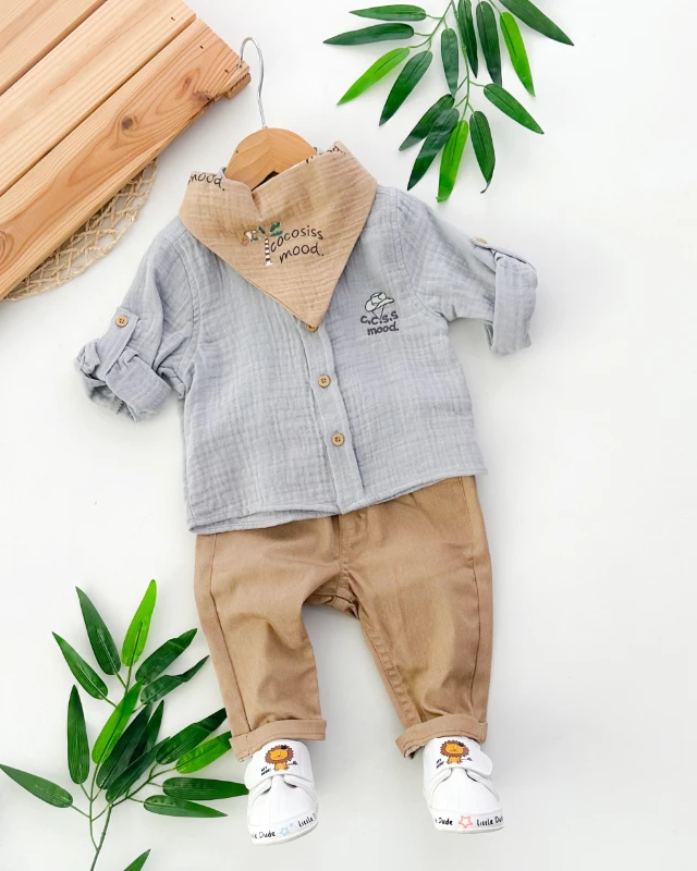 Cocosiss mood fularlı muslin gömlekli mevsimlik 3lü takım 
