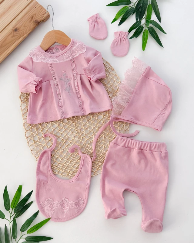 Demet çiçek detay dantel yaka mevsimlik yenidoğan 5li set 