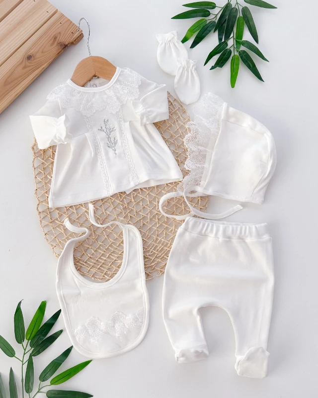 Demet çiçek detay dantel yaka mevsimlik yenidoğan 5li set 