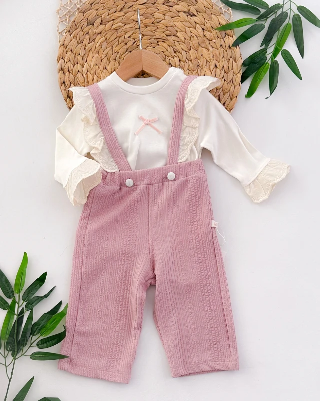 Fisto askılı salopet omuzdan çıtçıtlı sweat 2li bayramlık set