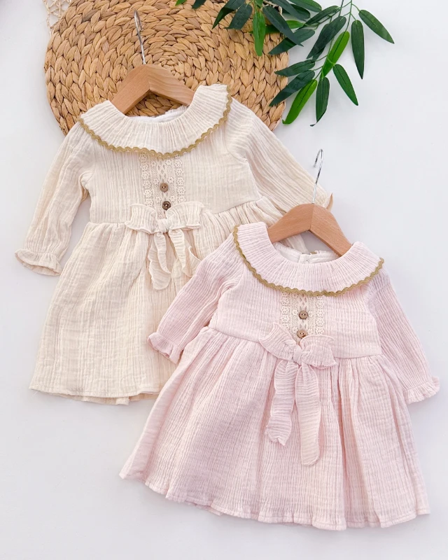 Yaka ayrıntılı arkadan çıtçıtlı astarlı mevsimlik muslin bayramlık elbise 