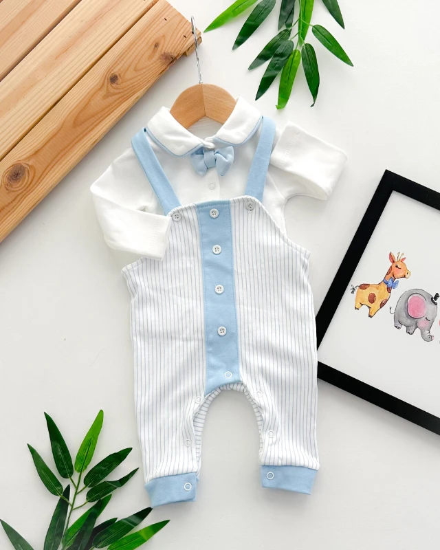 Çizgili alttan çıtçıt salopetli papyon detay sweat 2li set 