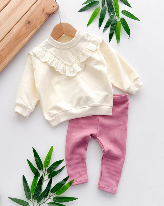 Güpür yaka detay omuzdan çıtçıt sweatli ribana tayt mevsimlik 2li takım takım