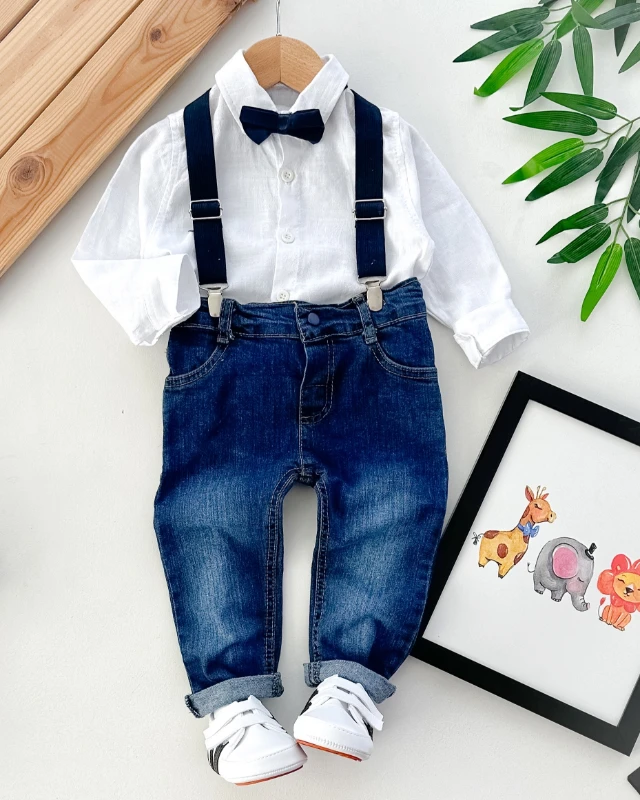 Jeans pantolon keten gömlekli papyonlu askı detaylı bayramlık 3lü takım